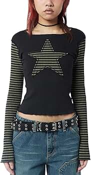 Women's Y2K Vintage T Shirt Long Sleeve Crew Neck Star Stripes
